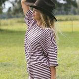 Fancy Striped Oversized Short Sleeve Top - Peony/Chocolate