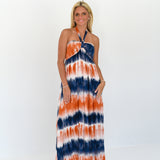 Evie Halter Neck Tie-Dye Maxi Dress - Orange/Navy