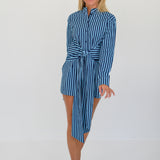 Josie Striped Button Tie Mini Dress - Navy/Light Blue