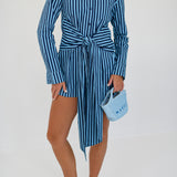 Josie Striped Button Tie Mini Dress - Navy/Light Blue