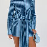 Josie Striped Button Tie Mini Dress - Navy/Light Blue