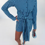 Josie Striped Button Tie Mini Dress - Navy/Light Blue