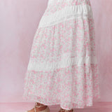 Claire Lace Trim Midi Skirt - White / Pink