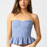 Serene Checkered Strapless Top - Blue White