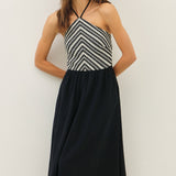 Lilly Halter Neck Stripe Crochet Midi Dress - Cream/Black