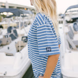Fancy Striped Oversized Short Sleeve Top - Malibu Blue