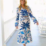Selina Palm Printed V-Neck Top-Blue