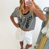 Casey Floral Embroidered Gingham Puff Sleeve Top - Black/White Gingham