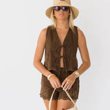 Tilly Embroidered Scalloped Shorts - Brown