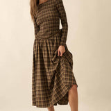 Plaid Long-Sleeve Smocked Drop-Waist Midi Dress -  Chocolate