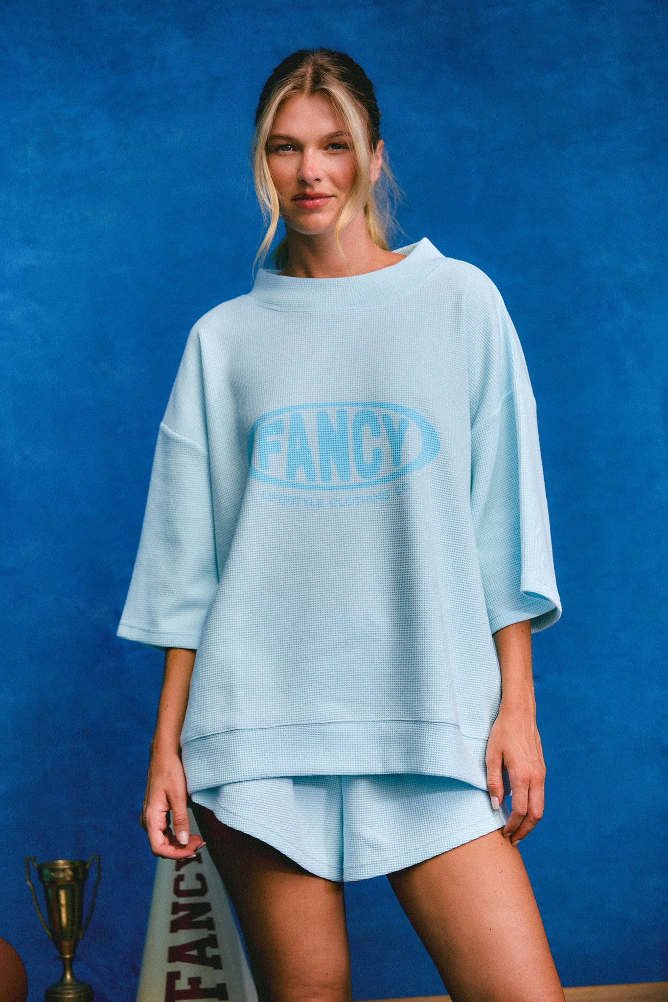 Waffle Short Sleeve Mockneck - Light Blue