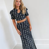 Lauren Bubble Sleeve Maxi Skirt Set- Black/Cream