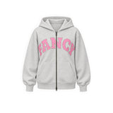 (PREORDER) Double Zipper Hoodie - Heather Grey/ Pink Polka