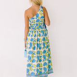 Valorie One Shoulder Maxi Skirt Set - White/Blue/Green Floral