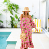 Polly Strapless Bubble Sleeve Maxi Dress - Pink Palm