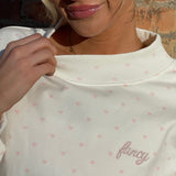 Fancy Oversized French Terry Mockneck - Pearl Pink Allover Hearts