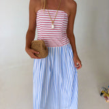 Bodice Strapless Striped Midi Dress - Red