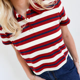 Cammy Cropped Striped Polo Tee - Burgundy