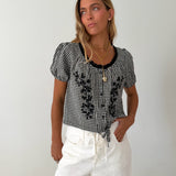 Casey Floral Embroidered Gingham Puff Sleeve Top - Black/White Gingham