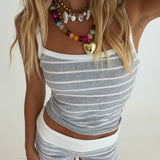 Rylee Ribbed Stripe Tank and Shorts Set - Heather Grey
