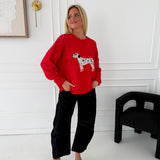 Dalmatian Graphic Fuzzy Sweater - Tomato Red