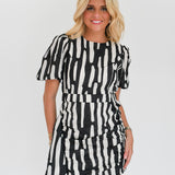 Logan Puff Sleeve Mini Dress - Black/White Abstract
