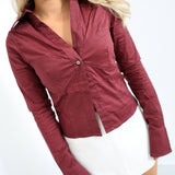 Gia Button Long Sleeve Top - Burgundy