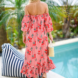 Lyla Strapless Bubble Sleeve Maxi Dress - Red Cherry Stripe