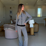 Jenna Striped Zip Up Sweatshirt and Flare Pants Set- Grey/Black Stripe