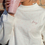 Fancy Oversized French Terry Mockneck - Pearl Pink Allover Hearts