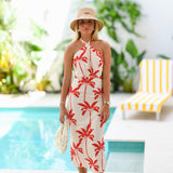 Dorie Palm Tree Halterneck Midi Dress- Tomato Red