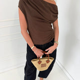 Ella Asymmetric One Shoulder Draped Top - Chocolate Brown