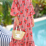 Lyla Strapless Bubble Sleeve Maxi Dress - Red Cherry Stripe