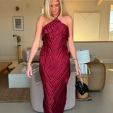 Maria Pleated Satin Tiered Midi Dress - Burgundy