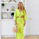 Belle Satin Ruched Front Dress - Neon Lime