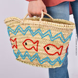 Handwoven Straw Beach Bag With Fish Motif - Vacation Bag