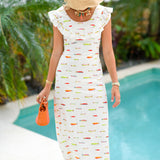 Farrah Fish Ruffle Neck Maxi Dress - White Multi
