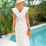 Farrah Fish Ruffle Neck Maxi Dress - White Multi