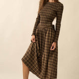 Plaid Long-Sleeve Smocked Drop-Waist Midi Dress -  Chocolate