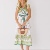 Azura Palm Print V-Neck Belted Dress - Green