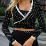 Long Sleeve Wrap Top - Black/White Polka Dot