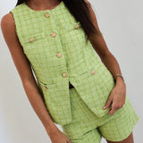 Grace Textured Button Down Vest And Shorts - Green