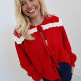 Lana Wide Collared Tie Knit Sweater Top - Cherry Red