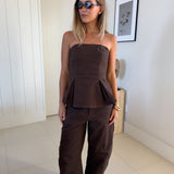 Peyton Strapless Top and Barrel Pants Set - Dark Brown