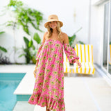 Polly Strapless Bubble Sleeve Maxi Dress - Pink Palm
