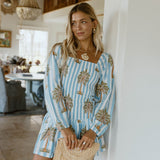 Eleanor Smocked Mini Dress - Baby Blue/White Palm