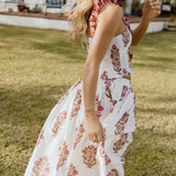 Riley Floral Ruffle Skirt Top Set - White/Red