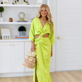 Belle Satin Ruched Front Dress - Neon Lime