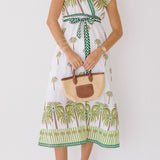 Azura Palm Print V-Neck Belted Dress - Green