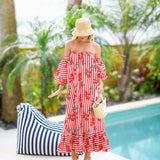 Lyla Strapless Bubble Sleeve Maxi Dress - Red Cherry Stripe